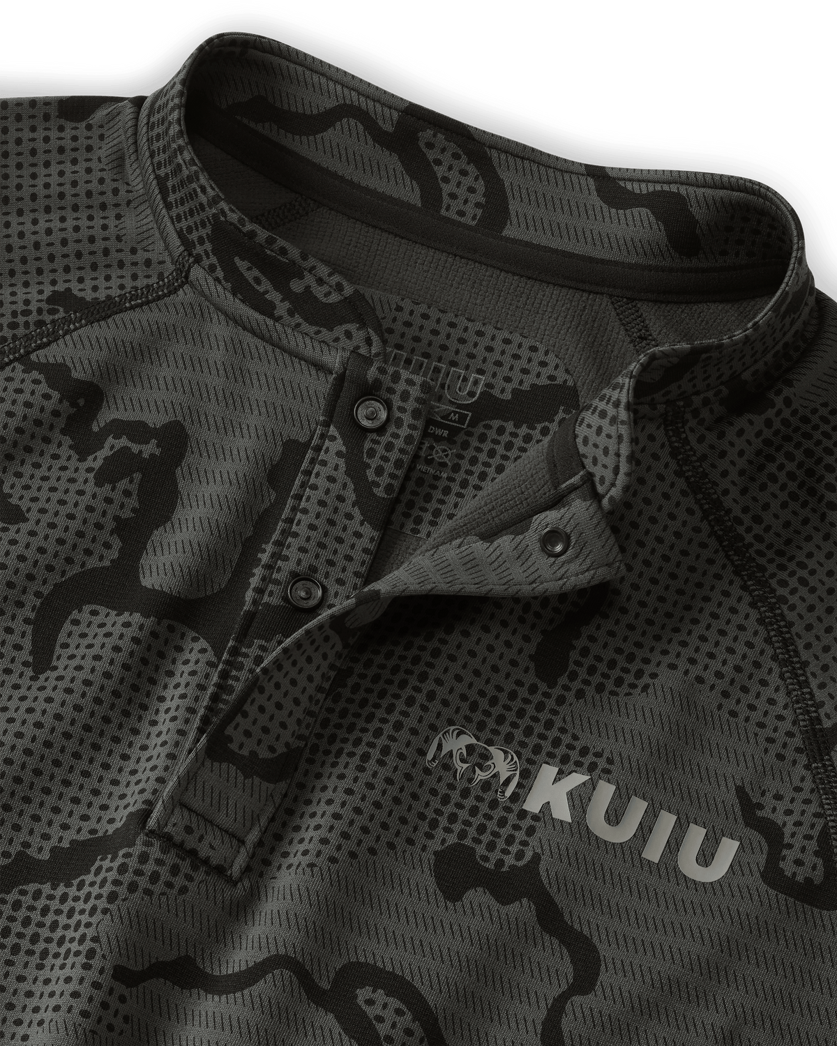 Front, Detailed View of Ridgepoint Fleece Henley in Black Tonal Pattern, Highlighting Snap Closure