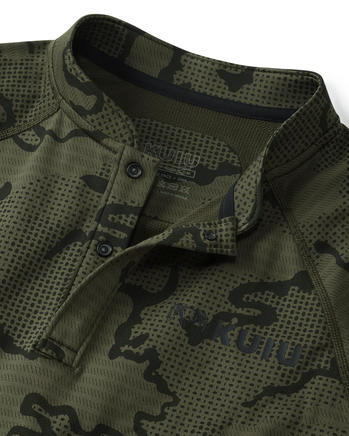 Front, Detailed View of Ridgepoint Fleece Henley in Olive Green Tonal Pattern, Highlighting Snap Closure
