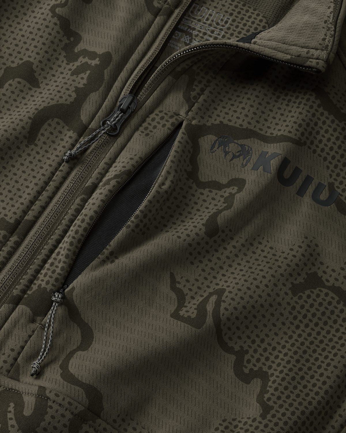 Close-up view highlighting front unzipped left chest pocket and half Zip-T feature on Ridgepoint Fleece Zip-T in Ash Brown Tonal Pattern