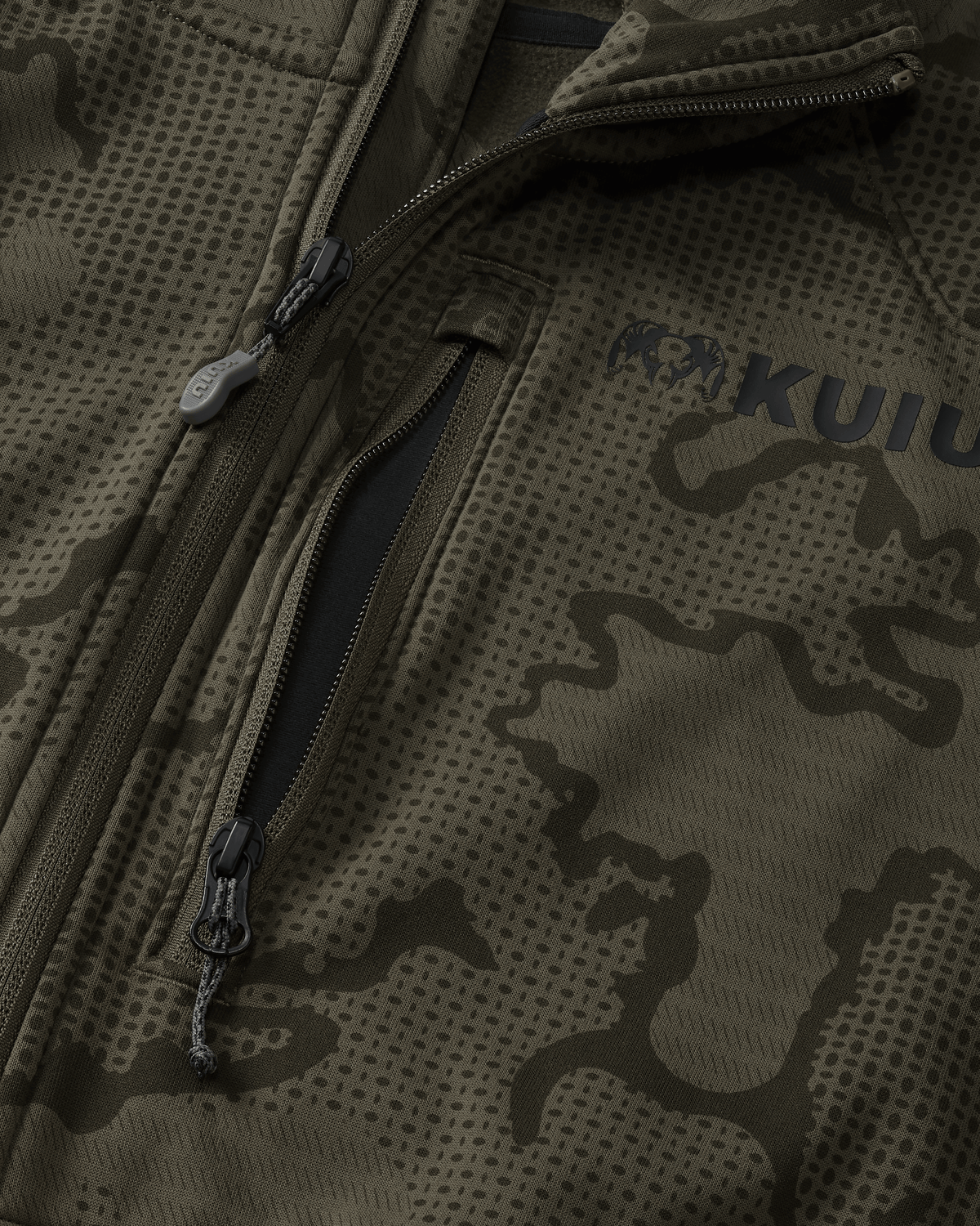 Close-up view highlighting front unzipped left chest pocket and half Zip-T feature on Ridgepoint Fleece Hoodie in Ash Brown Tonal Pattern