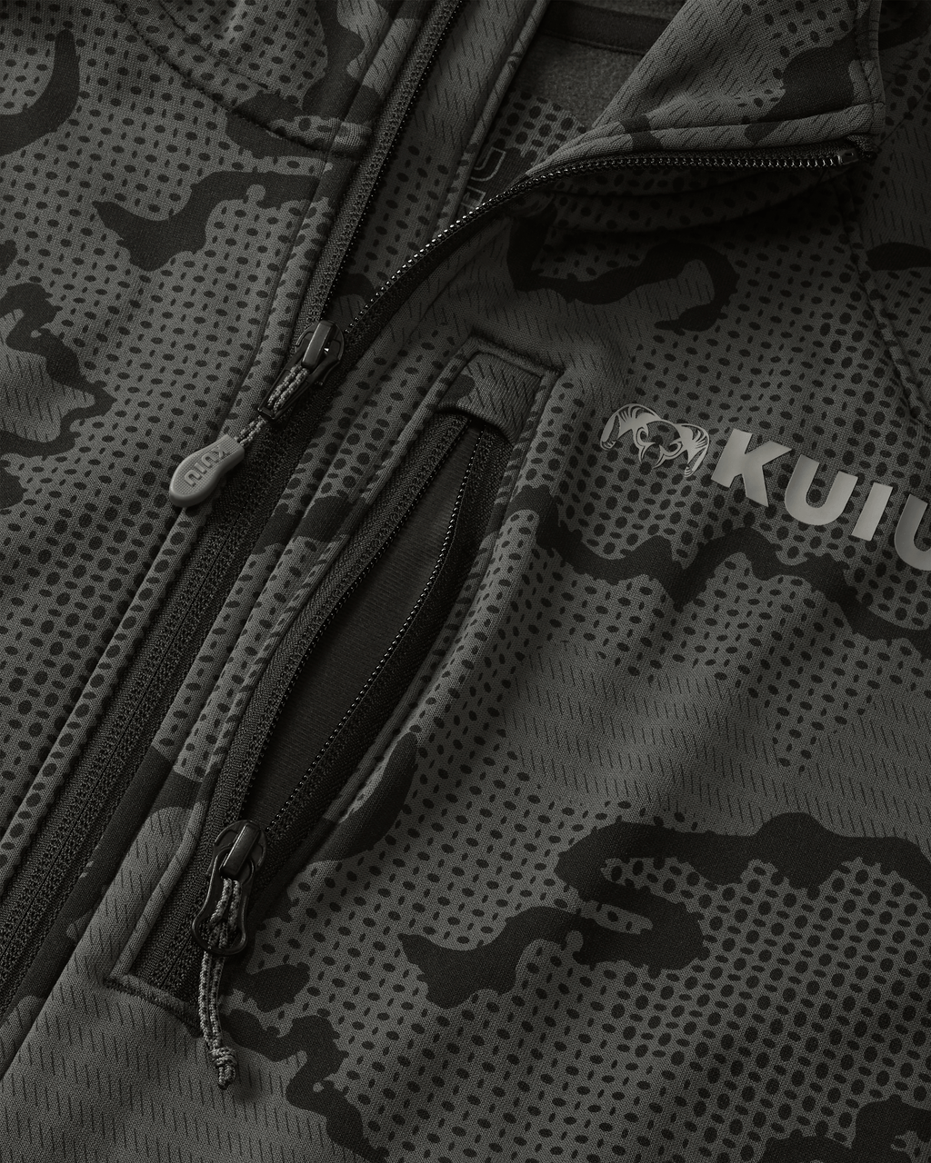 Close-up view highlighting front unzipped left chest pocket and half Zip-T feature on Ridgepoint Fleece Hoodie in Black Tonal Pattern
