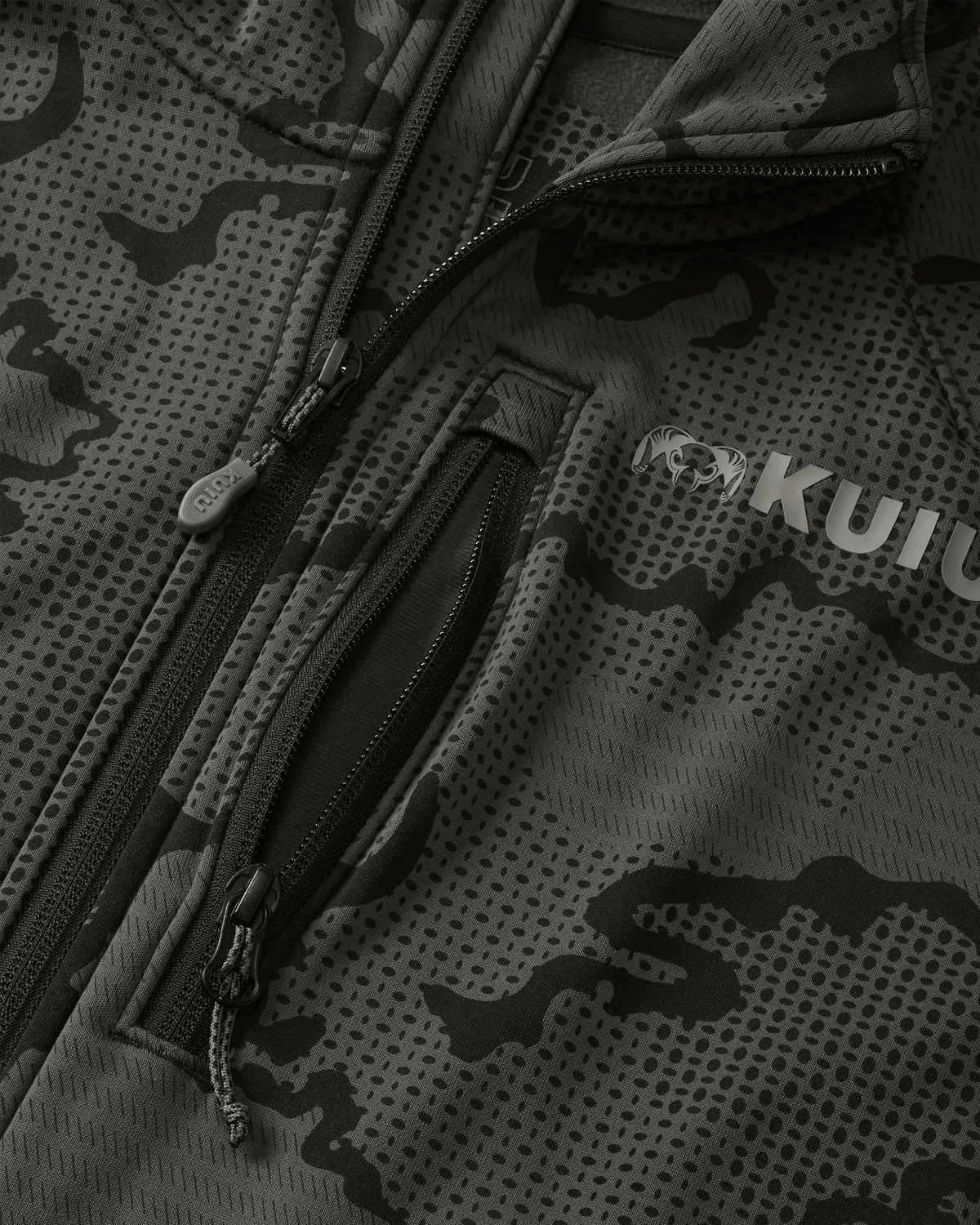 Close-up view highlighting front unzipped left chest pocket and half Zip-T feature on Ridgepoint Fleece Hoodie in Black Tonal Pattern