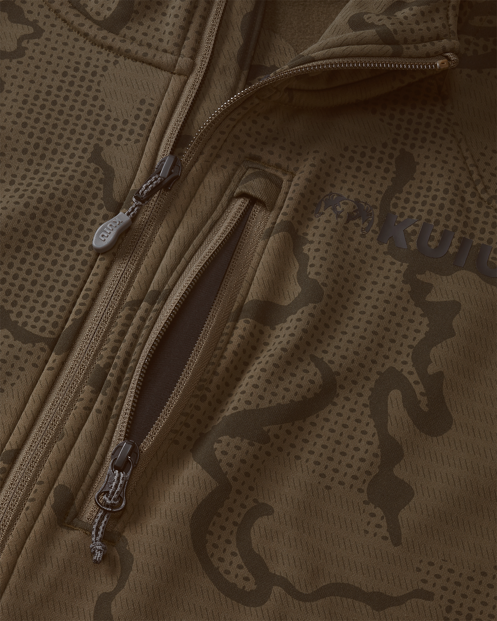 Close-up view highlighting front unzipped left chest pocket and half Zip-T feature on Ridgepoint Fleece Hoodie in Coyote Brown Tonal Pattern