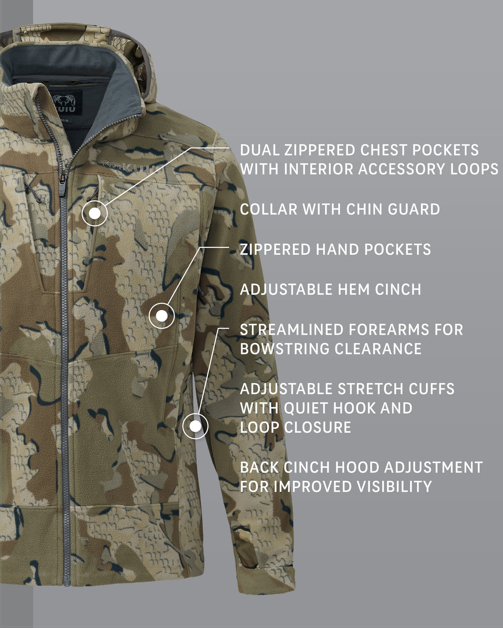 Proximity LT Hooded Jacket in Valo Camouflage Detail Callout, Highlighting Dual Zippered Chest Pockets with Interior Accessory Loops, Collar with Chin Guard, Zippered Hand Pockets, Adjustable Hem Cinch, Streamlined Forearms for Bowstring Clearance, Adjustable Stretch Cuffs with Quiet Hook and Loop Closure and Back Cinch Hood Adjustment for Improved Visibility