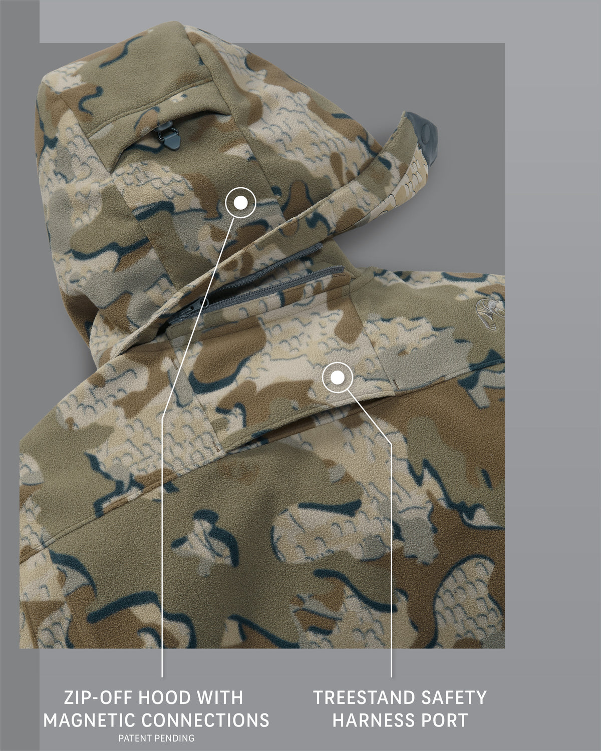 KUIU Proximity LT Hooded Jacket in Valo Camouflage, Highlighting Zip-Off Hood with Magnetic Connections and Treestand Safety Harness Port Detail Callouts