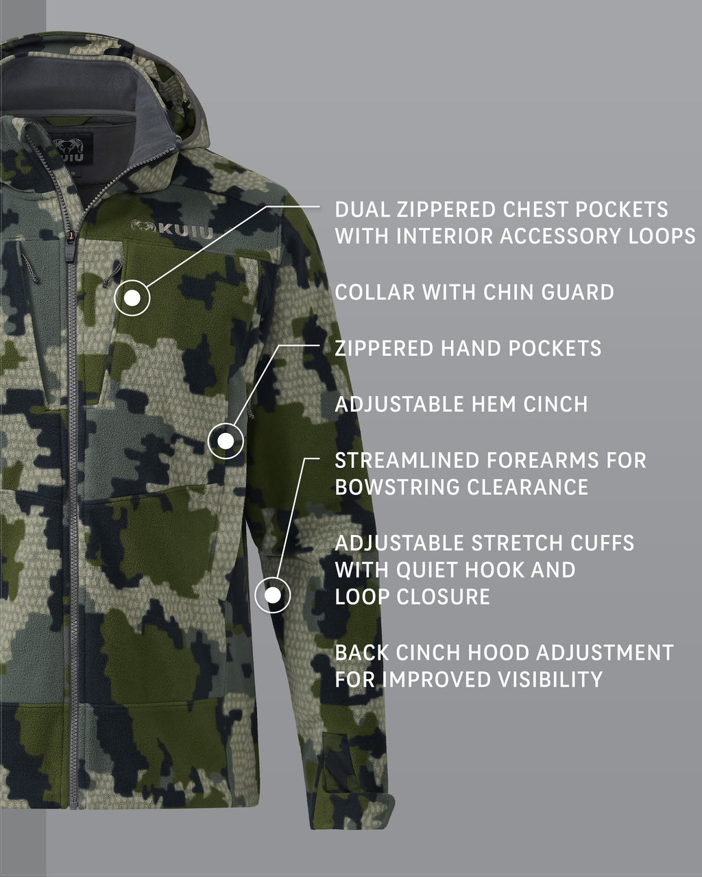 Proximity LT Hooded Jacket in Verde Camouflage Detail Callout, Highlighting Dual Zippered Chest Pockets with Interior Accessory Loops, Collar with Chin Guard, Zippered Hand Pockets, Adjustable Hem Cinch, Streamlined Forearms for Bowstring Clearance, Adjustable Stretch Cuffs with Quiet Hook and Loop Closure and Back Cinch Hood Adjustment for Improved Visibility