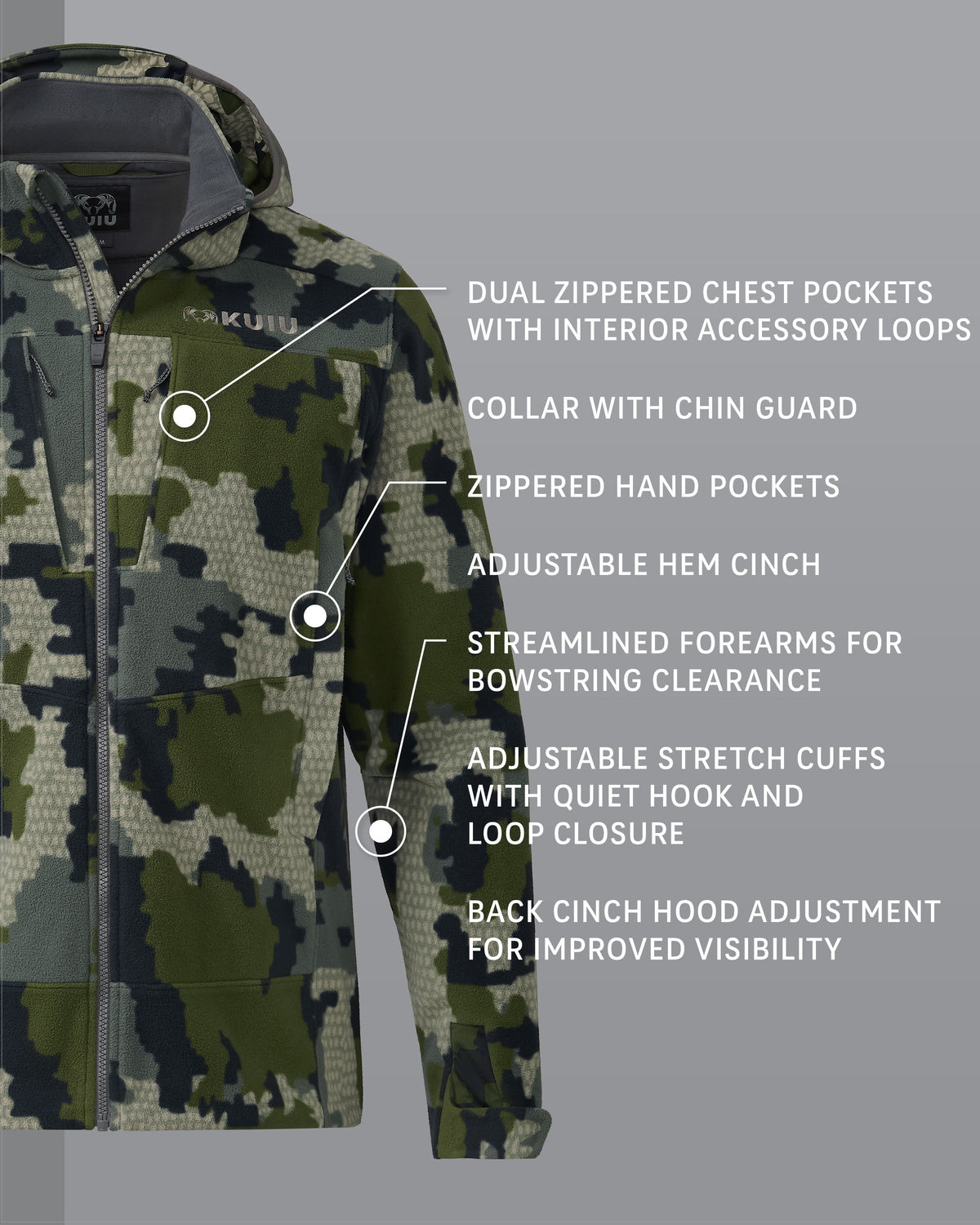 Proximity LT Hooded Jacket in Verde Camouflage Detail Callout, Highlighting Dual Zippered Chest Pockets with Interior Accessory Loops, Collar with Chin Guard, Zippered Hand Pockets, Adjustable Hem Cinch, Streamlined Forearms for Bowstring Clearance, Adjustable Stretch Cuffs with Quiet Hook and Loop Closure and Back Cinch Hood Adjustment for Improved Visibility