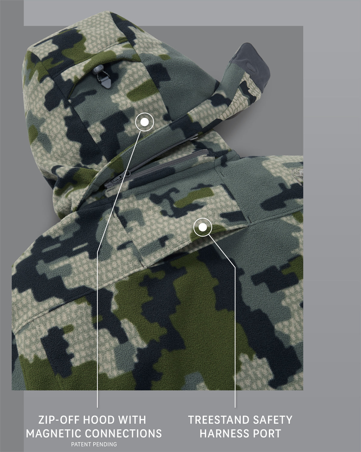 KUIU Proximity LT Hooded Jacket in Verde Camouflage, Highlighting Zip-Off Hood with Magnetic Connections and Treestand Safety Harness Port Detail Callouts