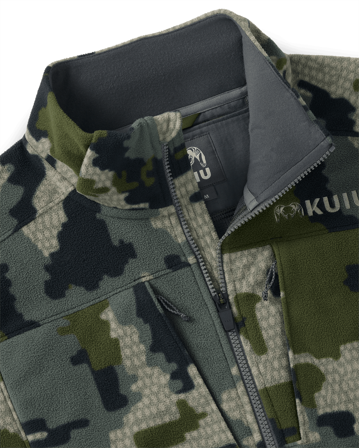 Front of Proximity LT Hooded Jacket in Verde Camouflage, Highlighting YKK zipper and collar with chin guard
