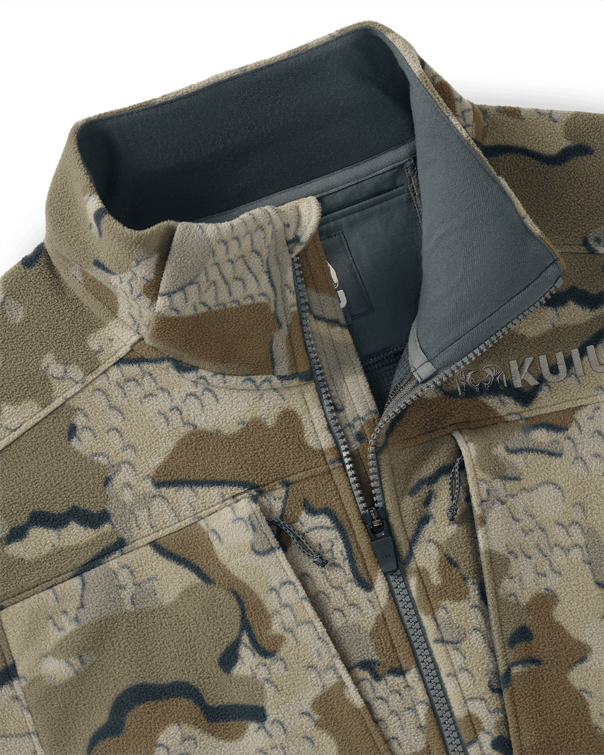Front of Proximity LT Hooded Jacket in Valo Camouflage, Highlighting YKK zipper and collar with chin guard