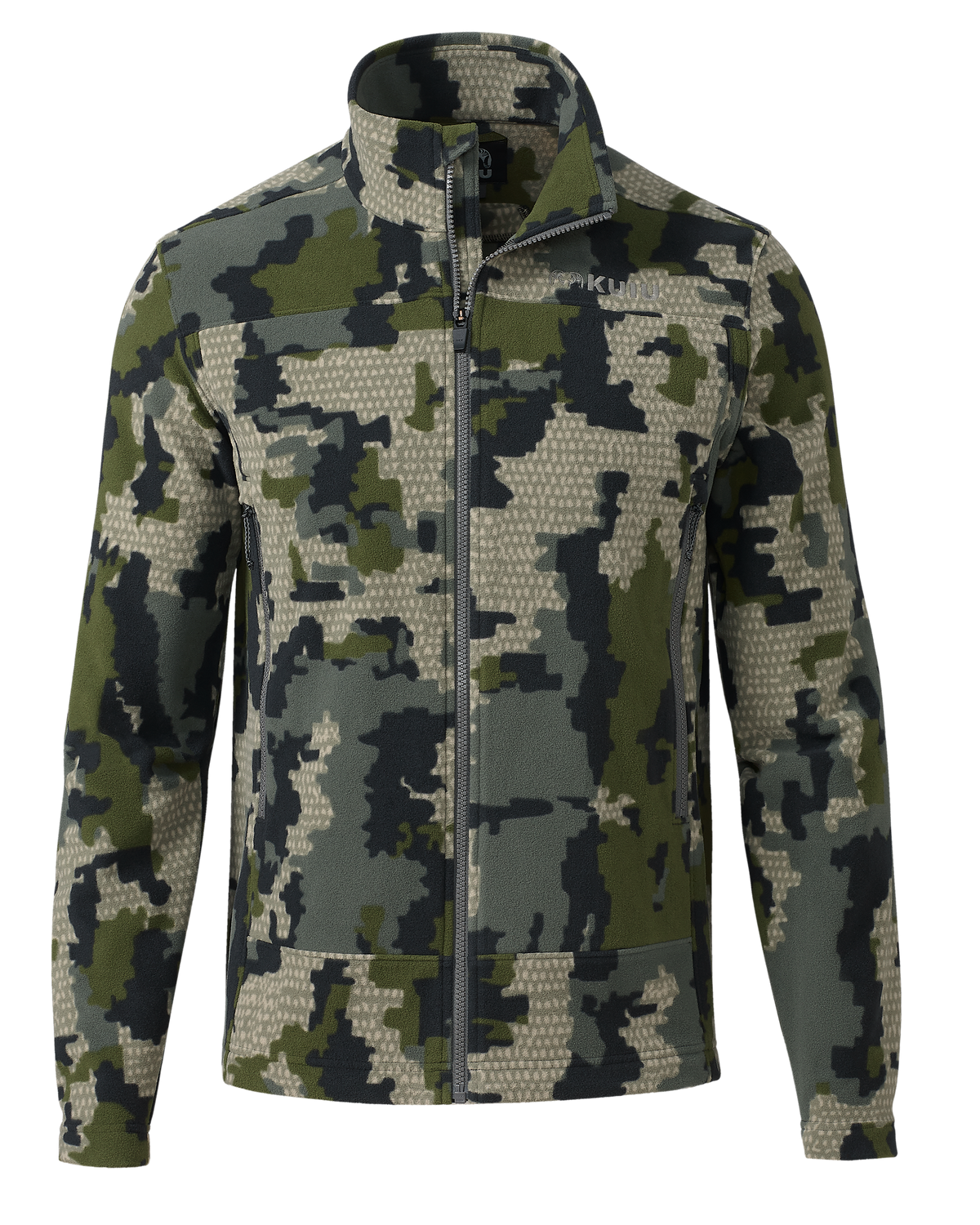 Front of Border Fleece Full Zip in Verde Camouflage