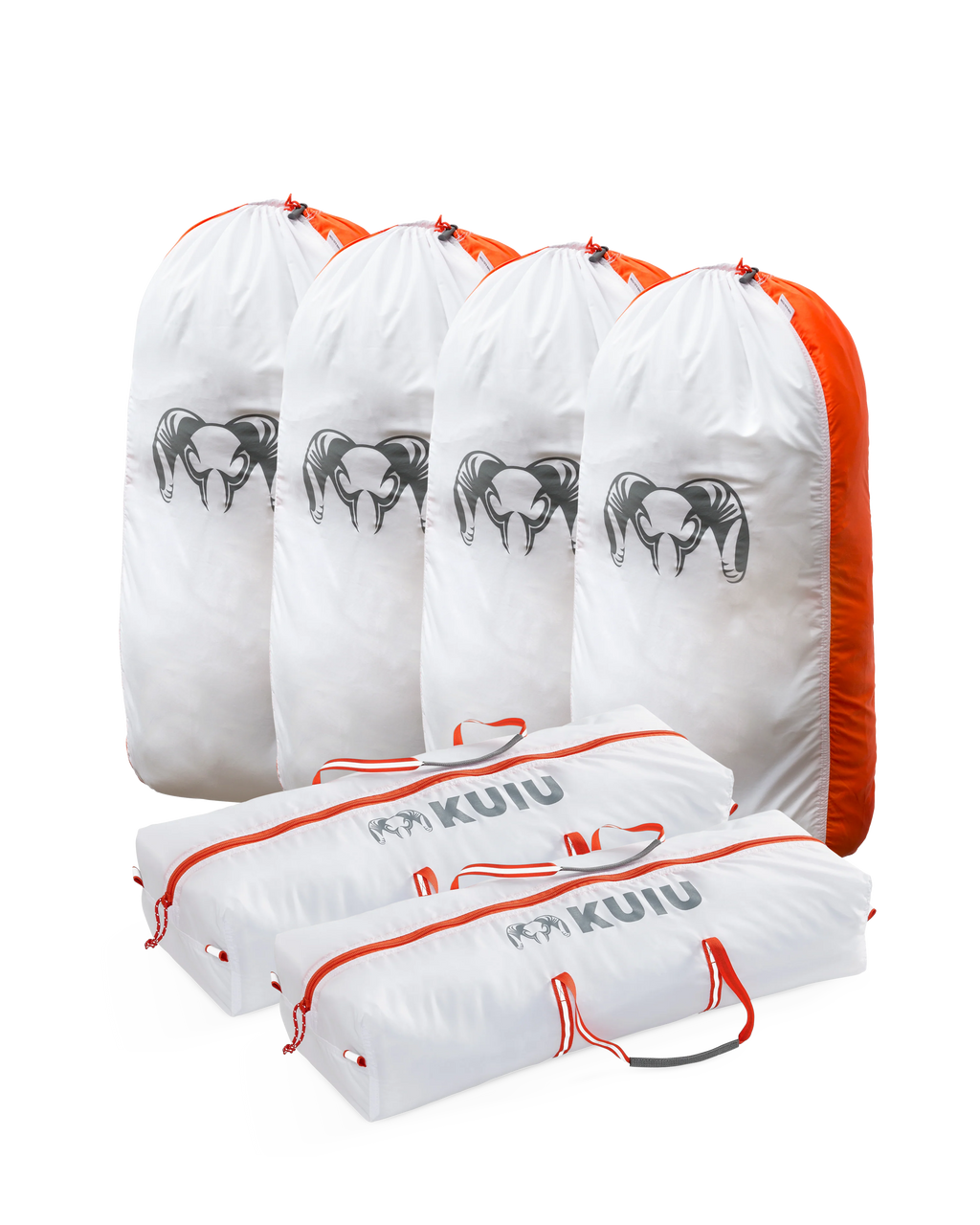 Picture of the Large Deer/Sheep Medium Game Bag Set displaying four upright white and orange Quarter Game Bags in size medium and two  horizontally laid Boned Out Game Bags in size medium