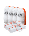 Picture of the Large Deer/Sheep Medium Game Bag Set displaying four upright white and orange Quarter Game Bags in size medium and two  horizontally laid Boned Out Game Bags in size medium