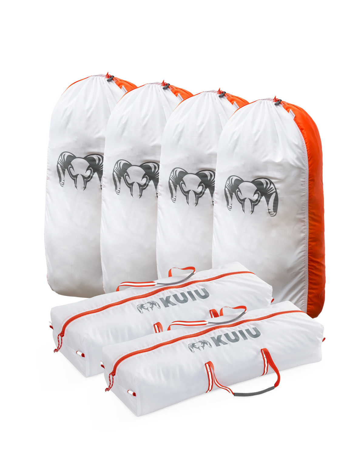 Picture of the Large Deer/Sheep Medium Game Bag Set displaying four upright white and orange Quarter Game Bags in size medium and two  horizontally laid Boned Out Game Bags in size medium