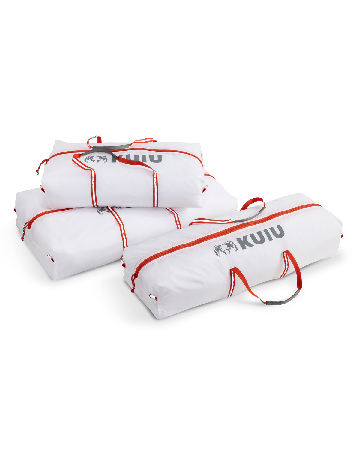 Front, Angled Photo of Boned Out Game Bags in White Orange Color Showing All Sizes