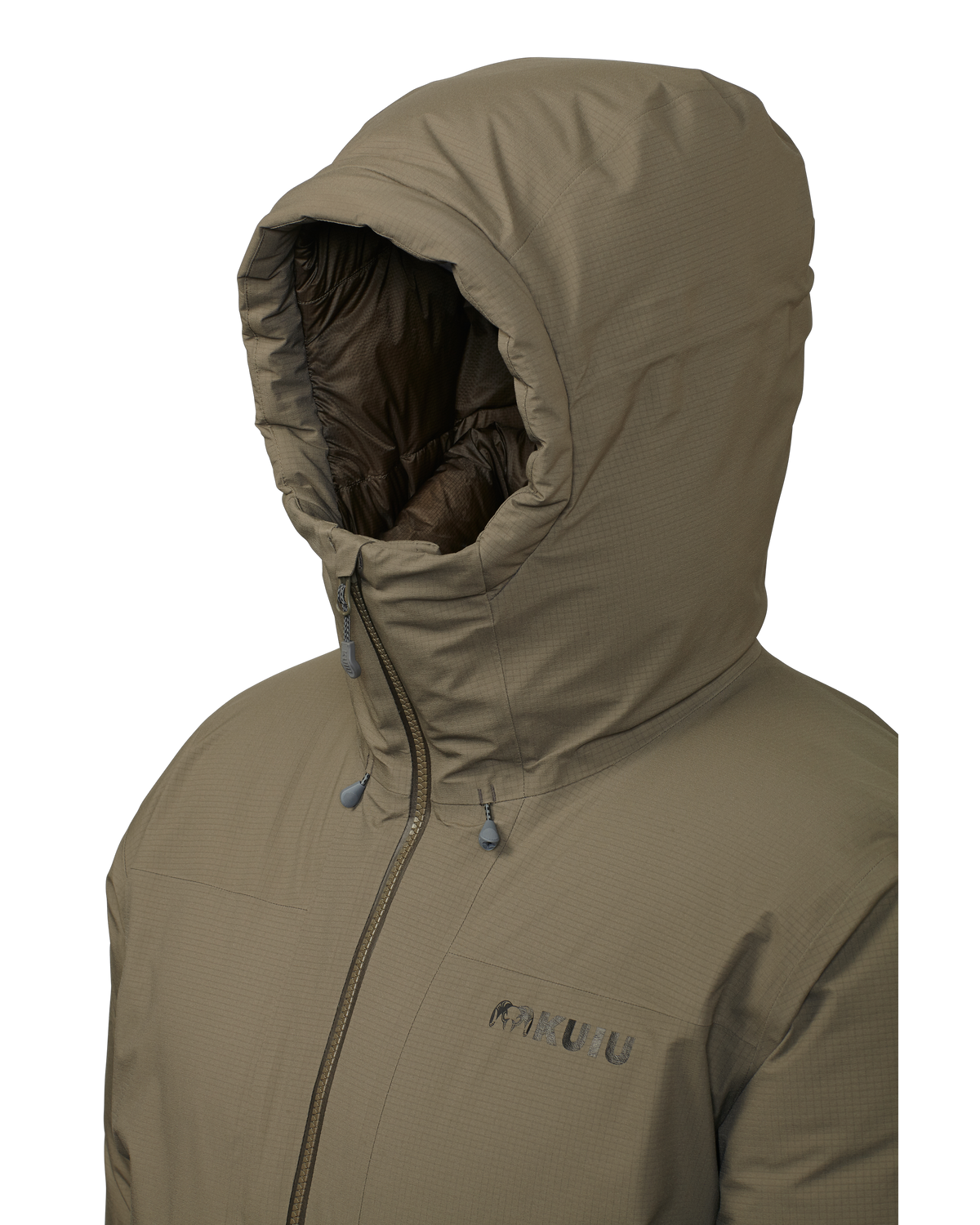 Front, Angled View of Super Down Burner Parka in Ash Brown Color Highlighting Adjustable Storm Hood
