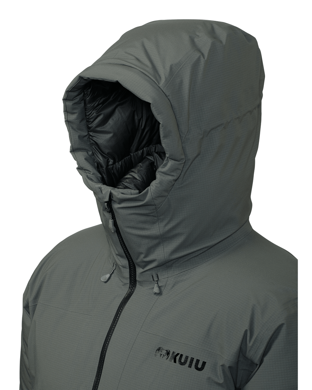 Front, Angled View of Super Down Burner Parka in Gunmetal Grey Color Highlighting Adjustable Storm Hood