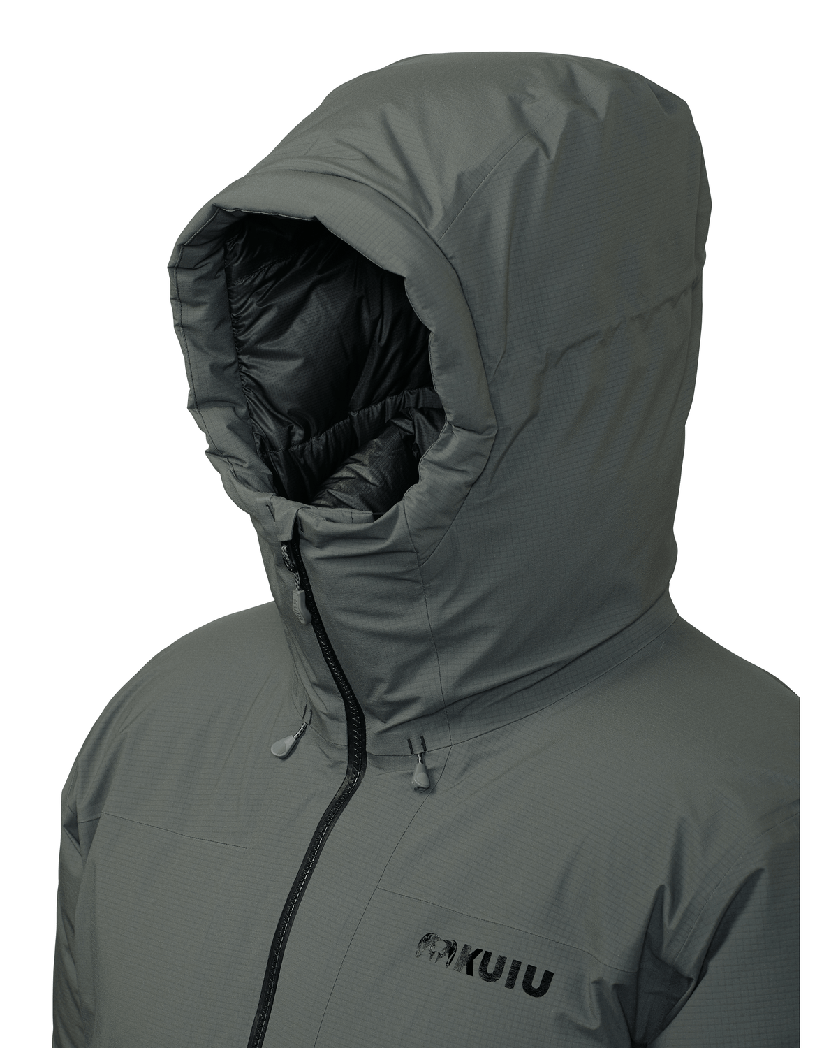 Front, Angled View of Super Down Burner Parka in Gunmetal Grey Color Highlighting Adjustable Storm Hood