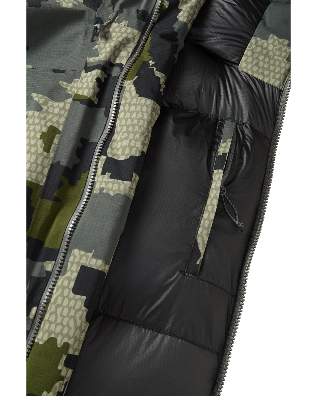Front, Interior View of Super Down Burner Parka in Verde Camouflage Highlighting YKK Zippered Internal Pocket
