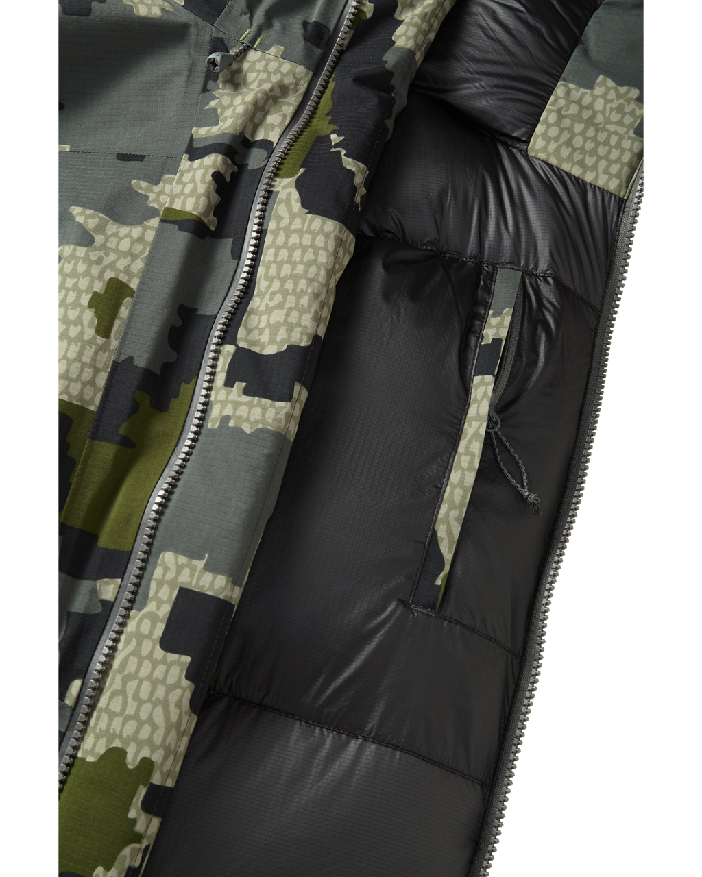 Front, Interior View of Super Down Burner Parka in Verde Camouflage Highlighting YKK Zippered Internal Pocket