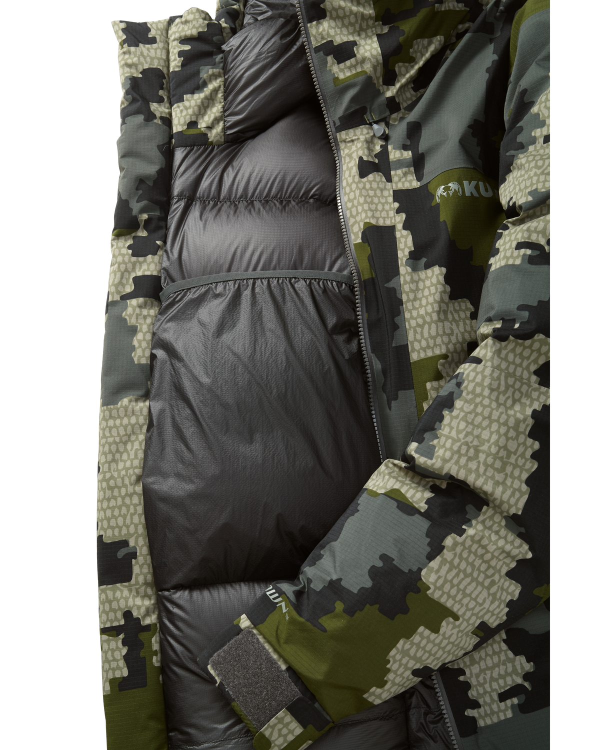 Front, Interior View of Super Down Burner Parka in Verde Camouflage Highlighting Internal Drop Pocket