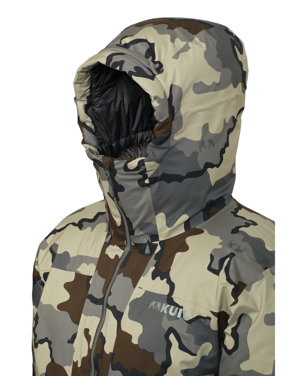 Front, Angled View of Super Down Burner Parka in Vias Camouflage Highlighting Adjustable Storm Hood