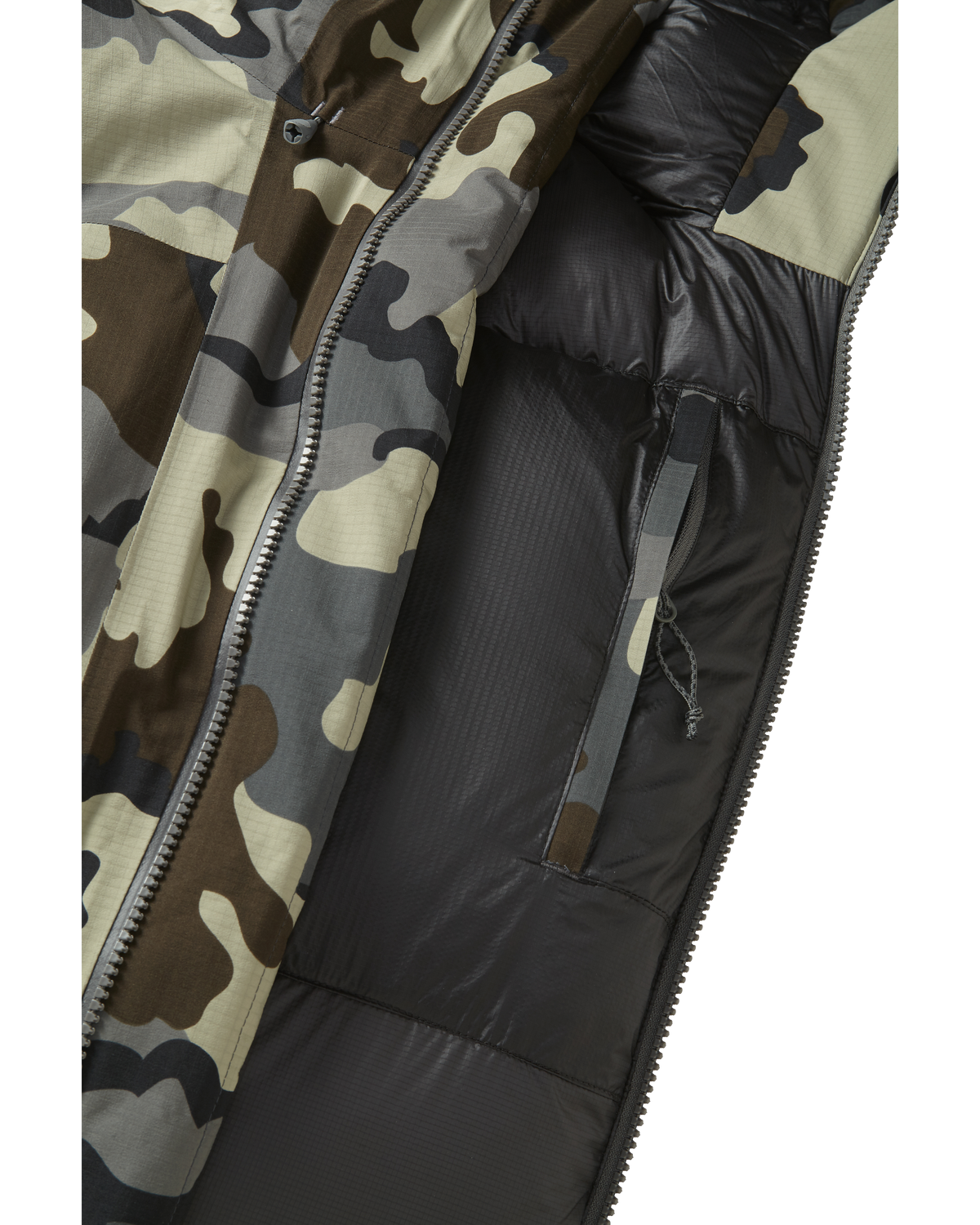 Front, Interior View of Super Down Burner Parka in Vias Camouflage Highlighting YKK Zippered Internal Pocket