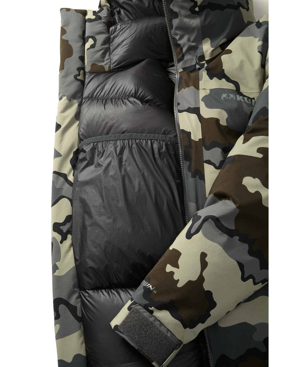 Front, Interior View of Super Down Burner Parka in Vias Camouflage Highlighting Internal Drop Pocket