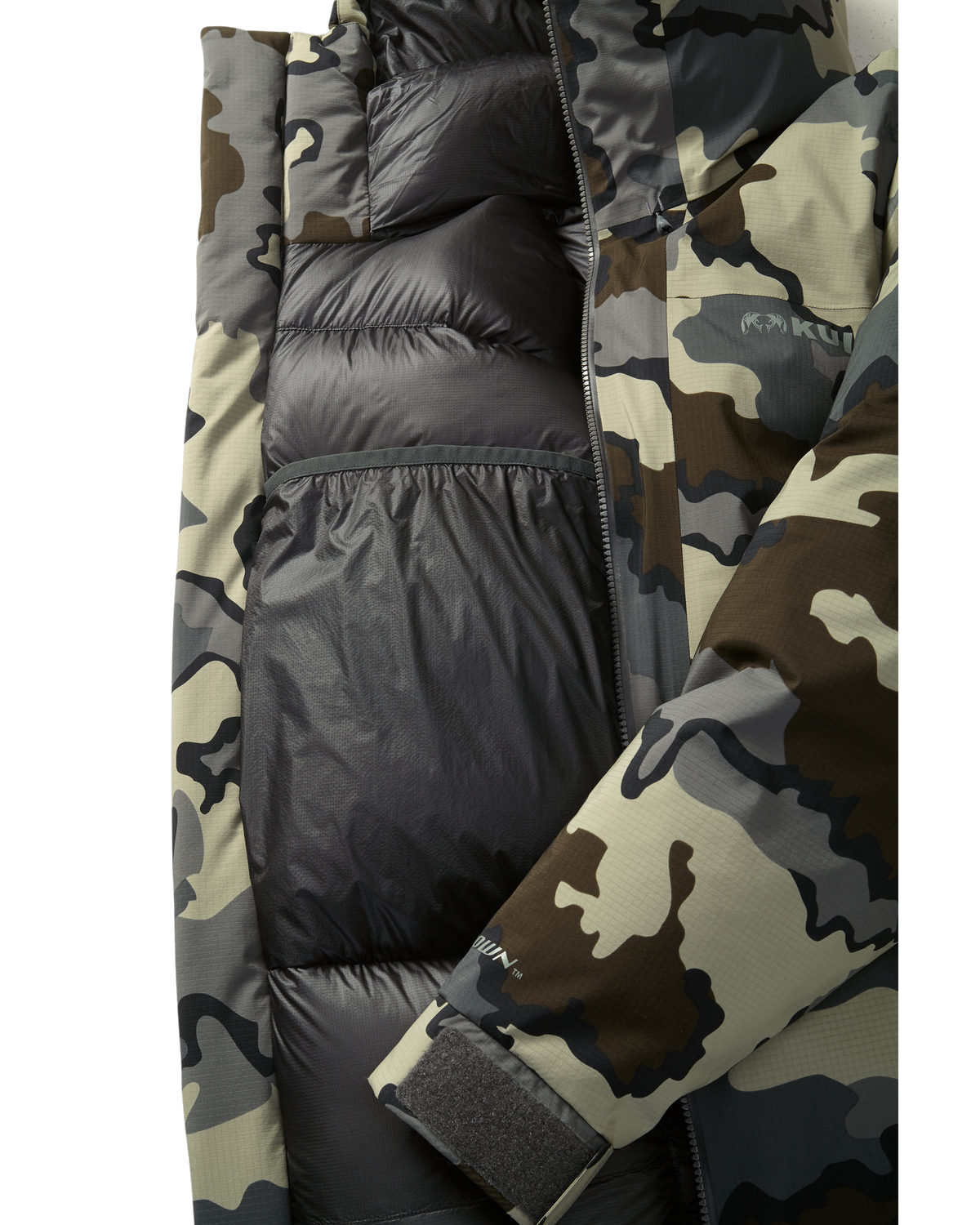Front, Interior View of Super Down Burner Parka in Vias Camouflage Highlighting Internal Drop Pocket