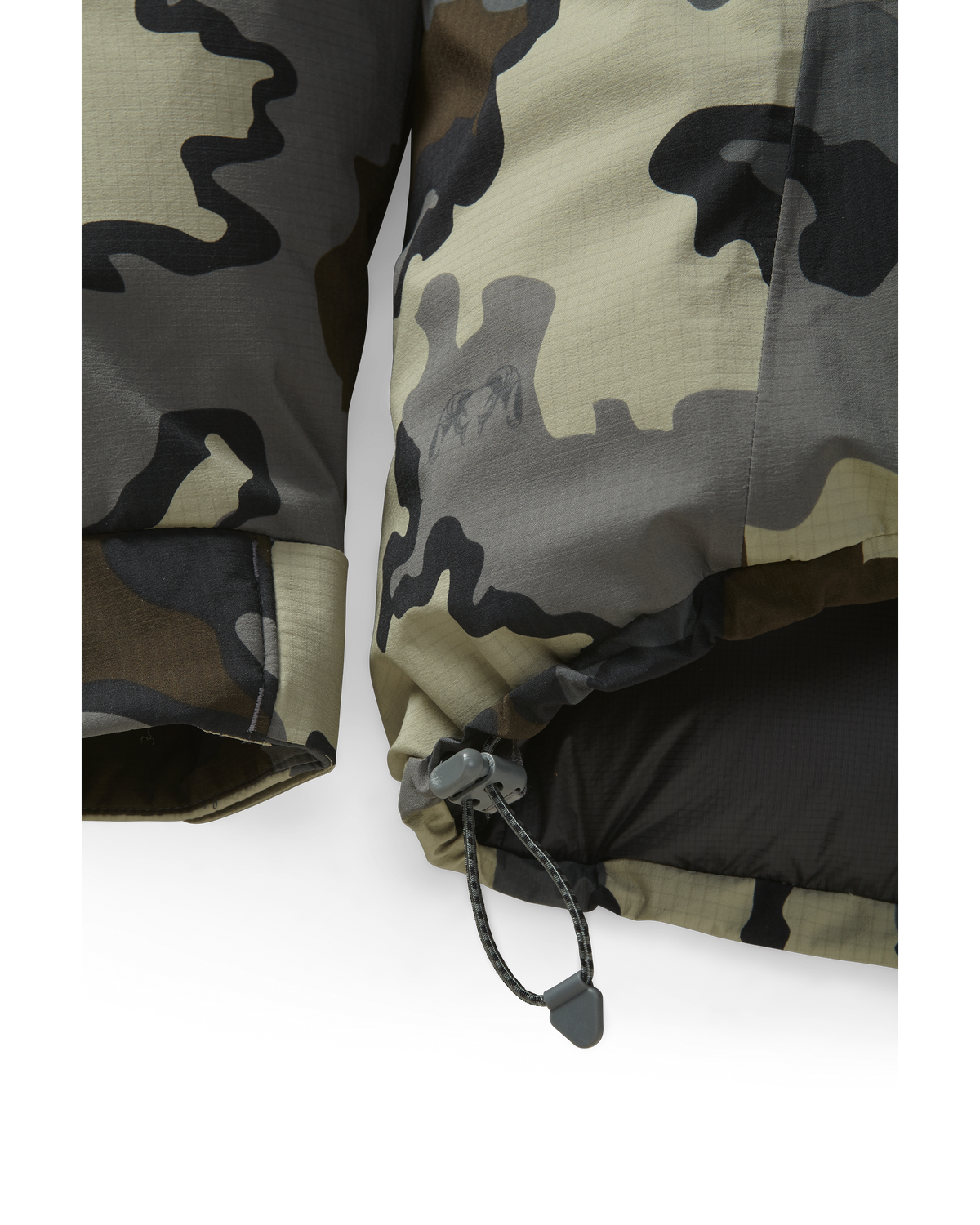 Front, Lower View of Super Down Burner Parka in Vias Camouflage Highlighting Dual Adjust Hem Cinch