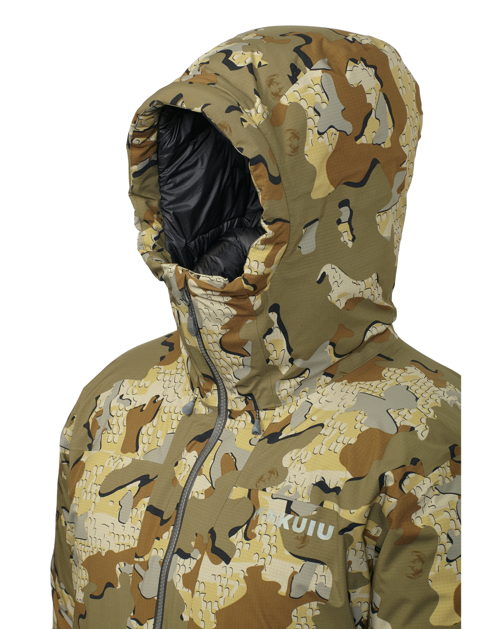 Front, Angled View of Super Down Burner Parka in Valo Camouflage Highlighting Adjustable Storm Hood
