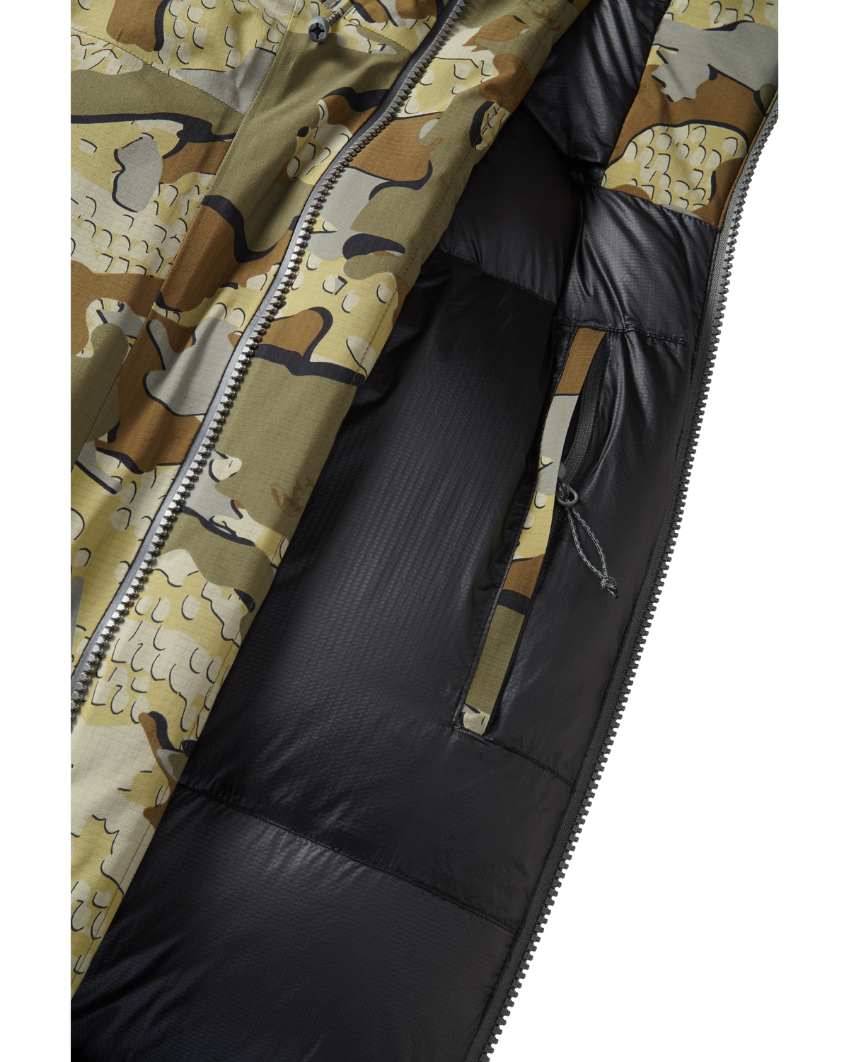 Front, Interior View of Super Down Burner Parka in Valo Camouflage Highlighting YKK Zippered Internal Pocket