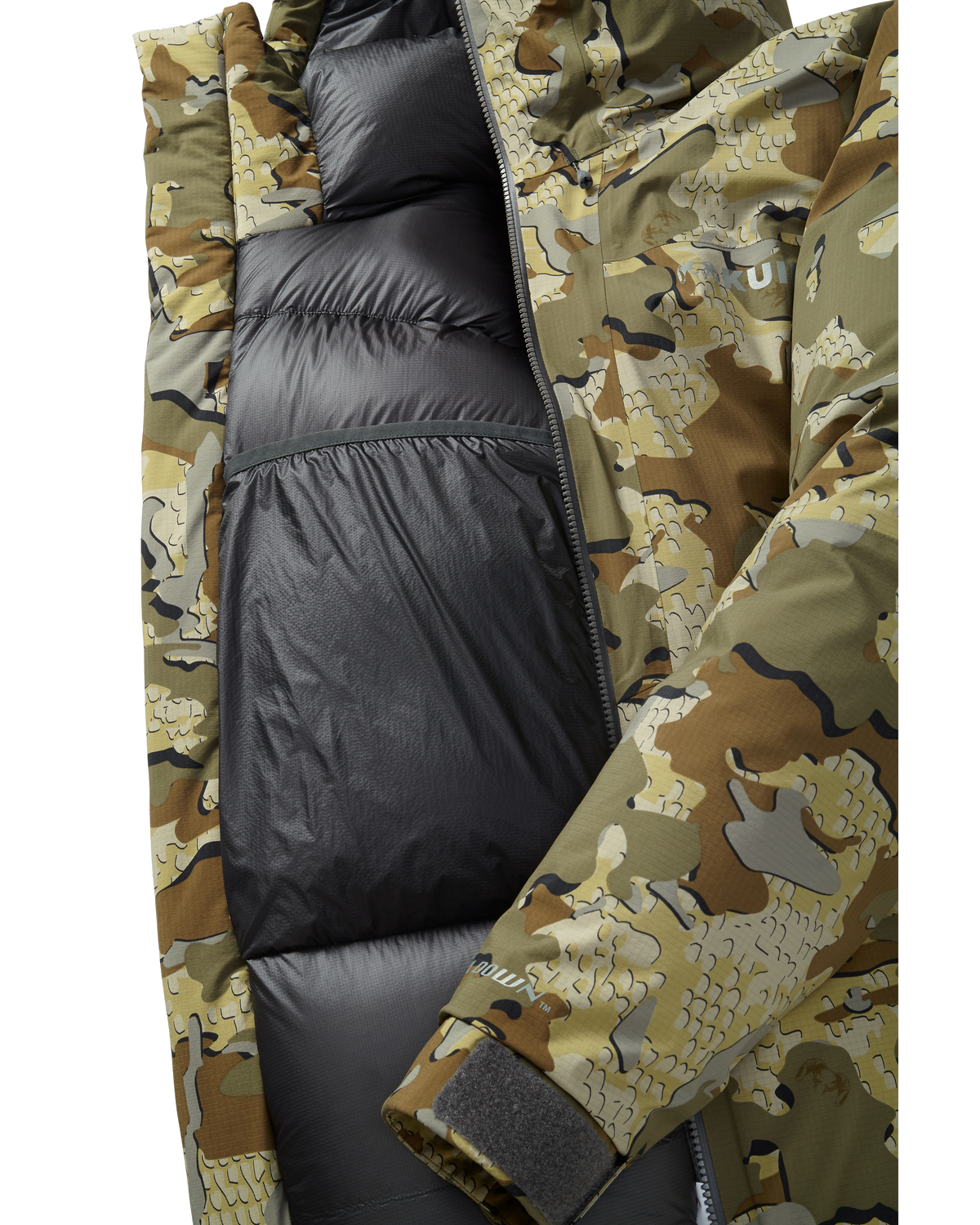 Front, Interior View of Super Down Burner Parka in Valo Camouflage Highlighting Internal Drop Pocket