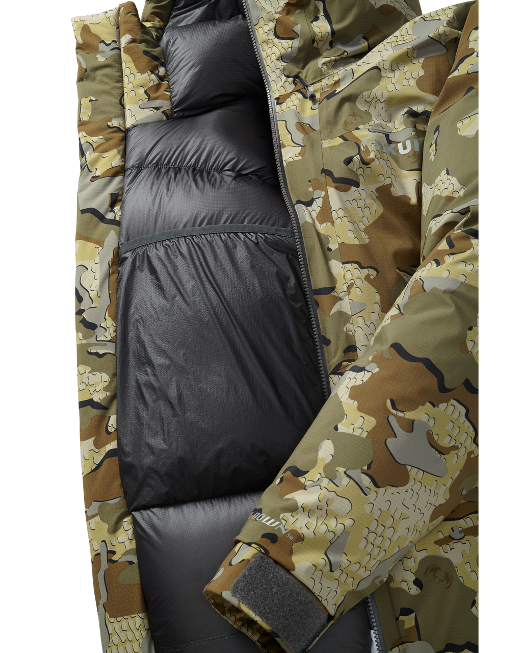 Front, Interior View of Super Down Burner Parka in Valo Camouflage Highlighting Internal Drop Pocket