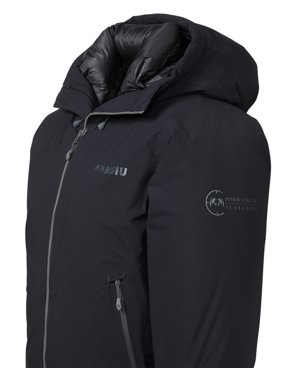 Front, Angled View of Super Down Burner Parka in Black Color, Highlighting Adjustable Storm Hood and Inner Circle Platinum Logo on Left Shoulder