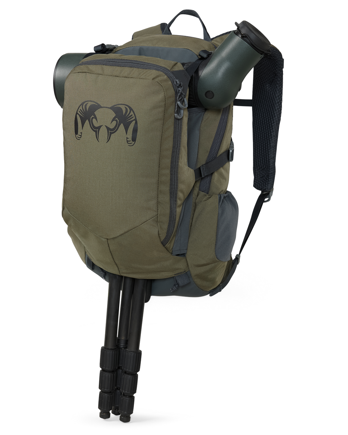 Front of Divide 1200 in Ash Brown Color Highlighting Tripod and Spotting Scope Stored in Divide Pass Through Pocket