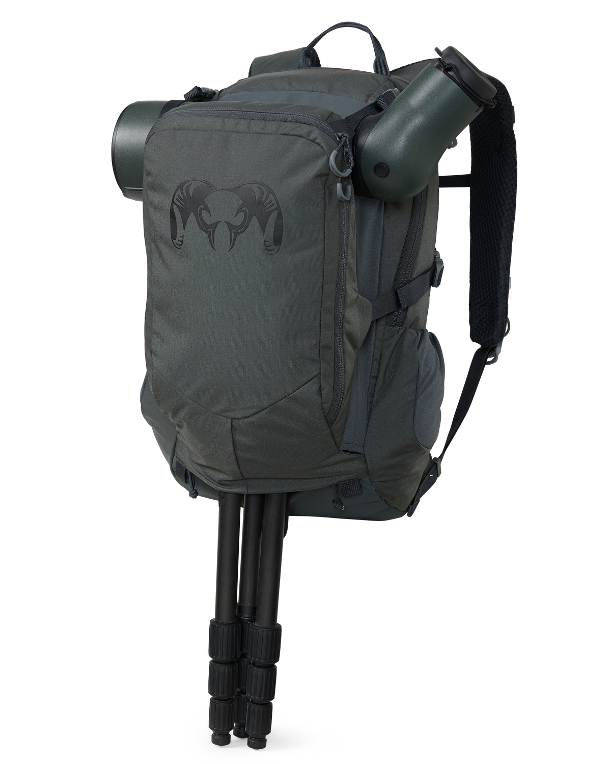 Front of Divide 1200 in Gunmetal Grey Color Highlighting Tripod and Spotting Scope Stored in Divide Pass Through Pocket