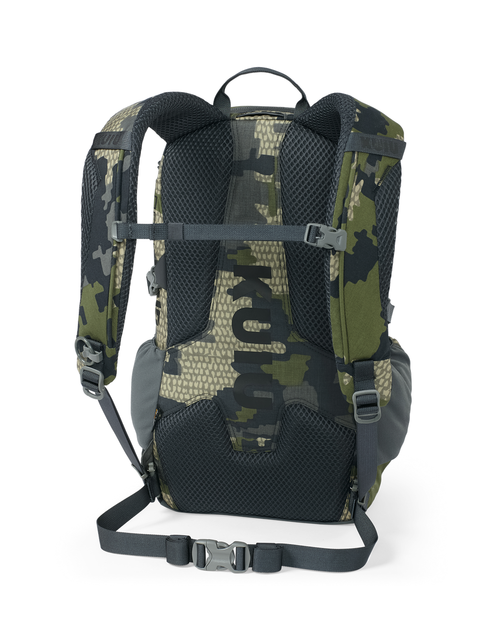 Back of Divide 1200 in Verde Camouflage with removable webbing waist belt