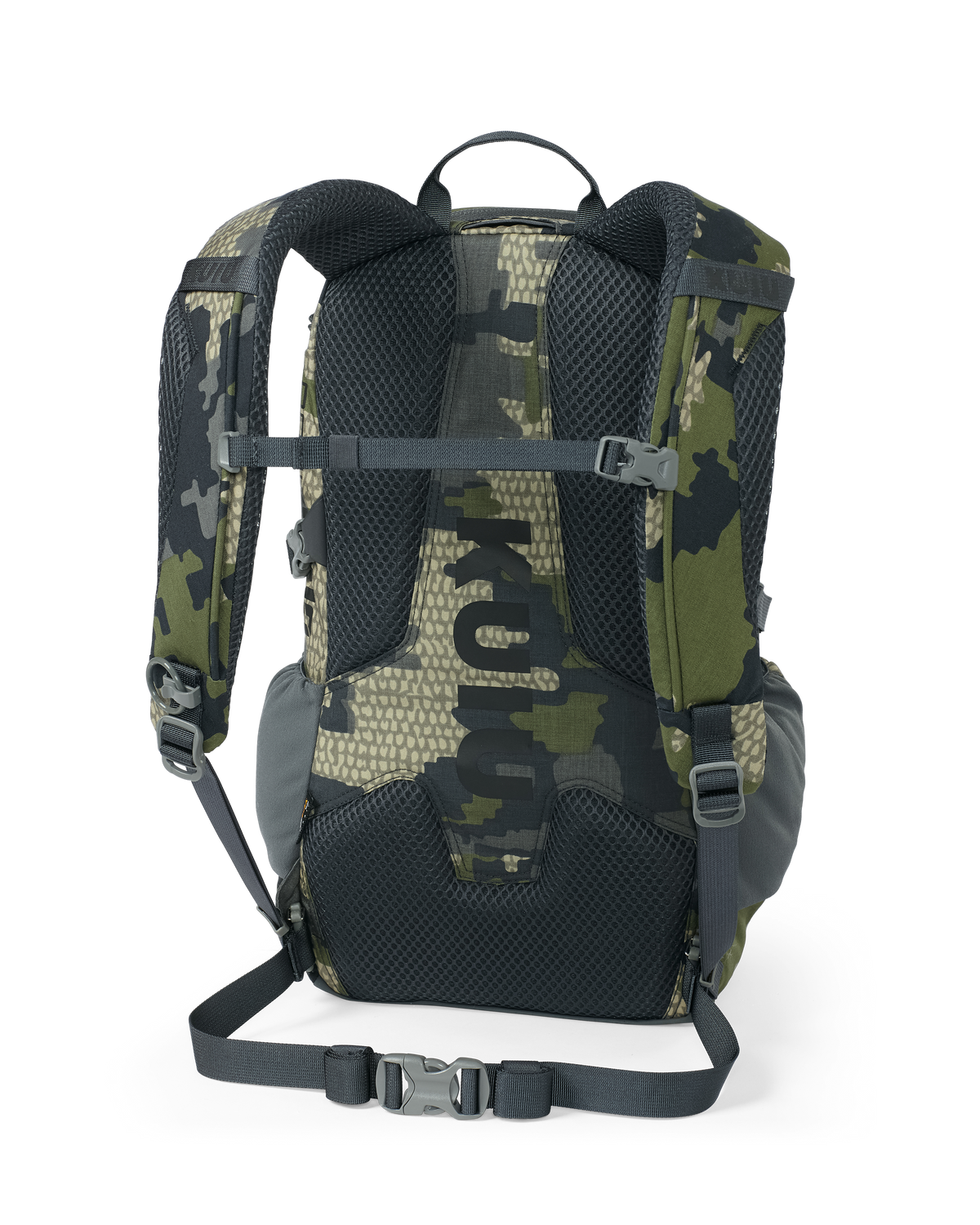 Back of Divide 1200 in Verde Camouflage with removable webbing waist belt