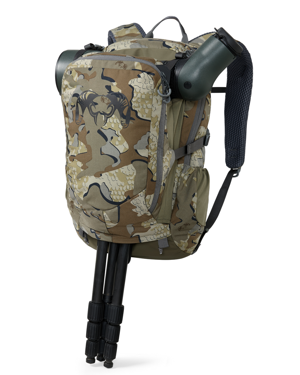 Front of Divide 1500 in Valo Camouflage Highlighting Tripod and Spotting Scope Stored in Divide Pass Through Pocket