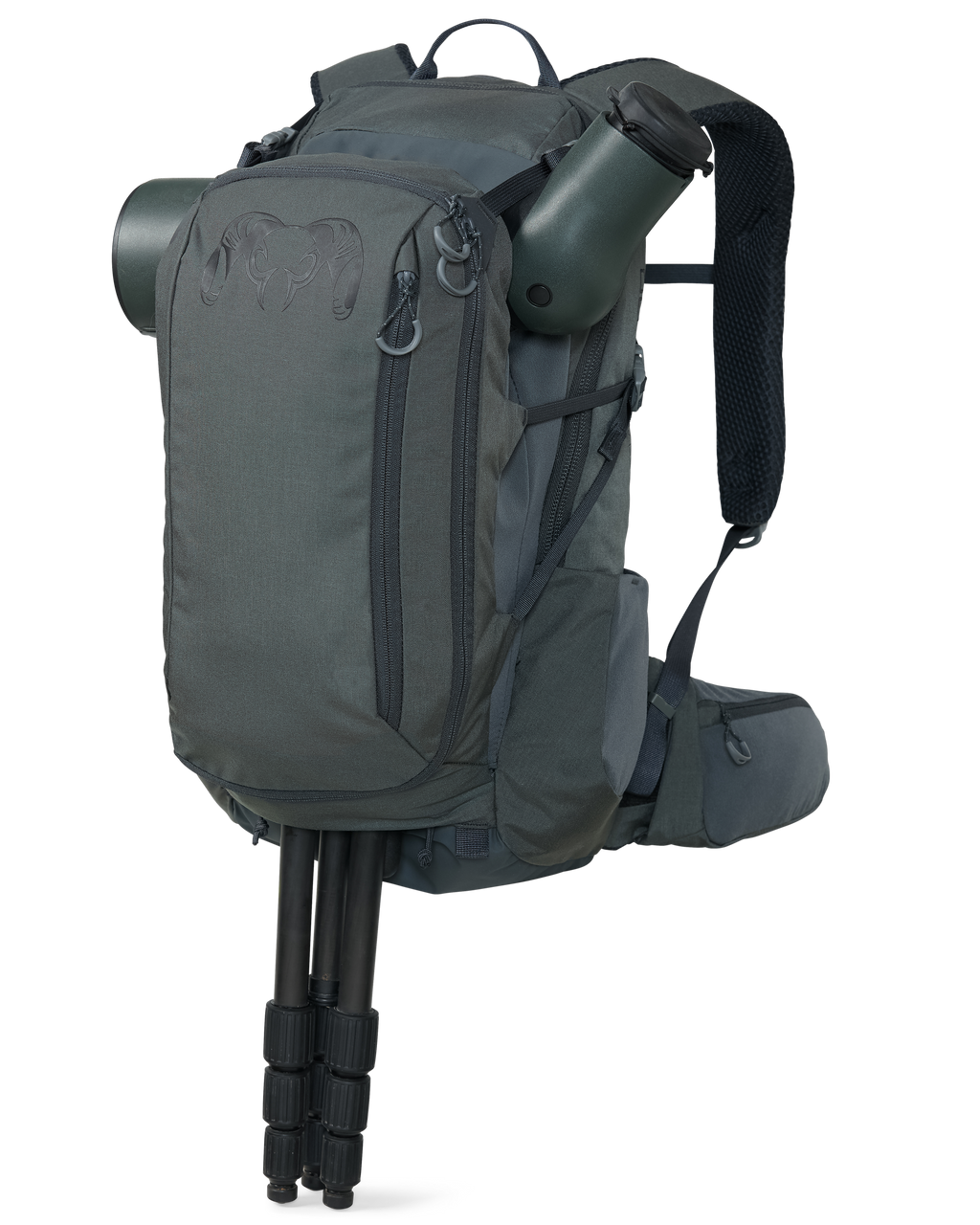 Front of Divide 1500 in Gunmetal Grey Highlighting Tripod and Spotting Scope Stored in Divide Pass Through Pocket