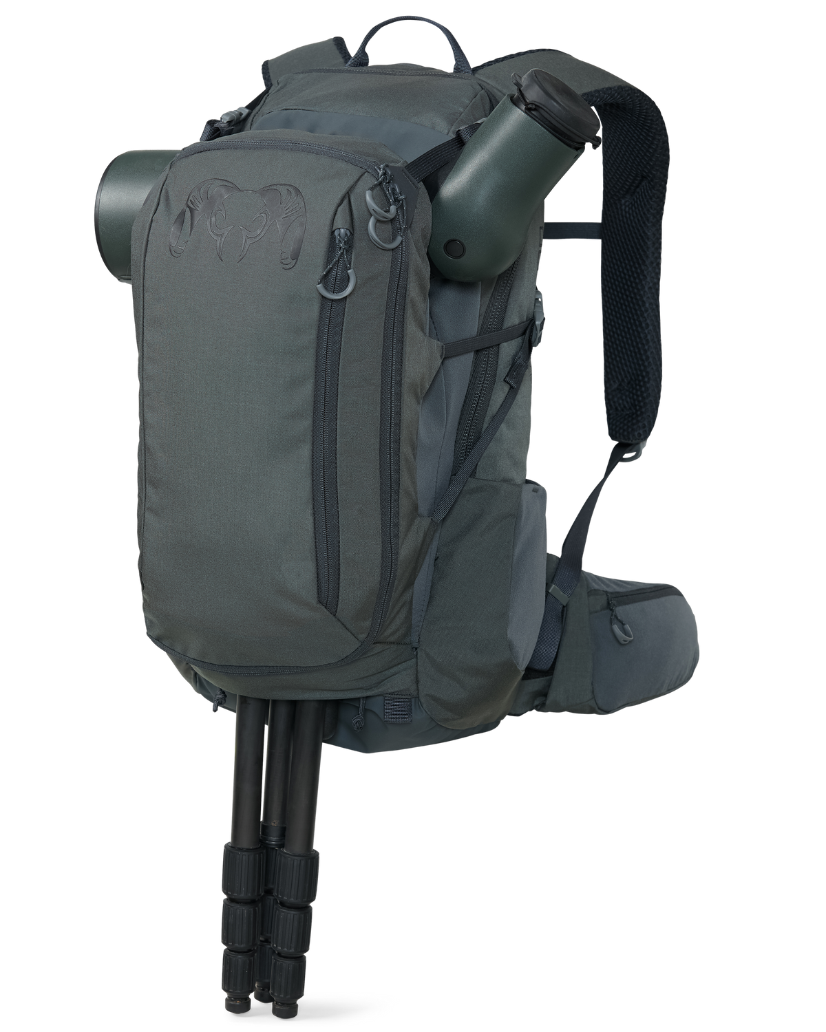 Front of Divide 1500 in Gunmetal Grey Highlighting Tripod and Spotting Scope Stored in Divide Pass Through Pocket