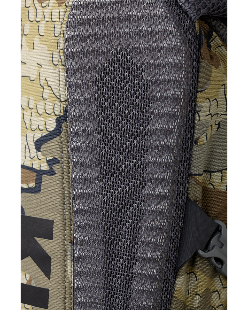 Detailed, Rear View of Divide 1500 in Valo Camouflage highlighting Multi-density foam back panel, with Spacer Air Mesh comfort layer