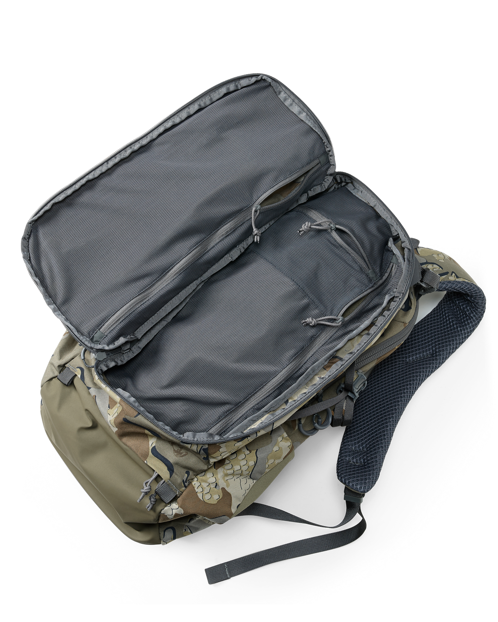 Aerial View of Divide 1500 in Valo Camouflage Laid Flat Highlighting Open Divide Pocket with Internal Zippered Mesh Pockets