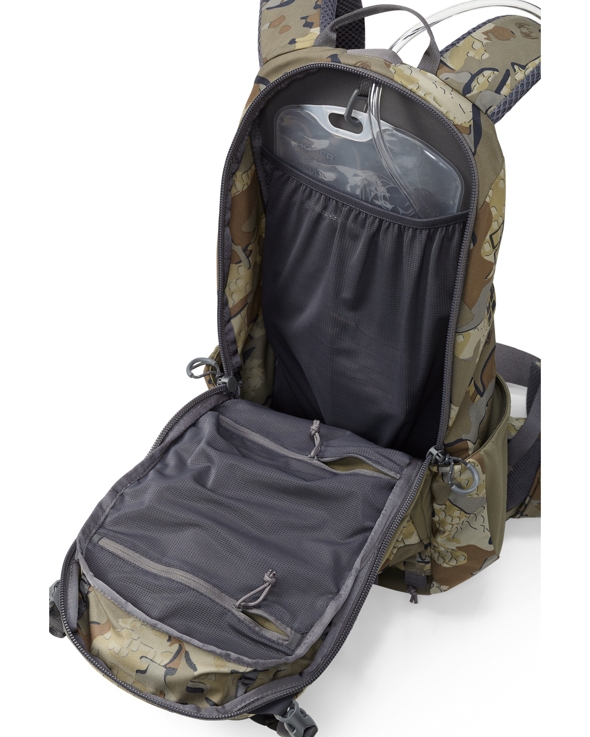 Front, Angled View of Divide 1500 in Valo Camouflage Highlighting Open Main Compartment and Hydration System Compatibility