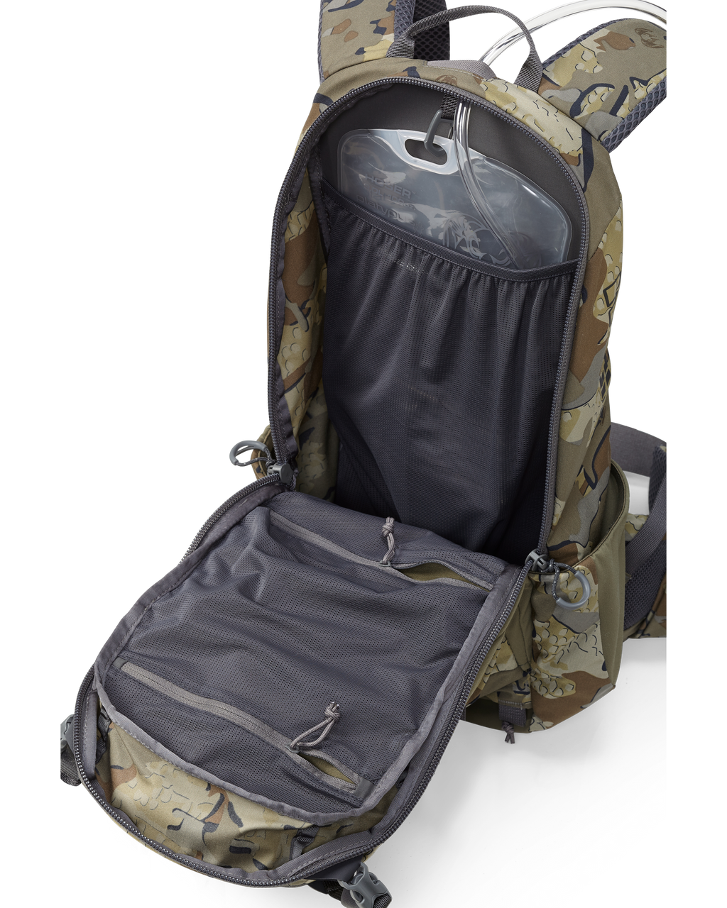 Divide 1500 in Valo Camouflage with main compartment open to show storage and water bladder pocket