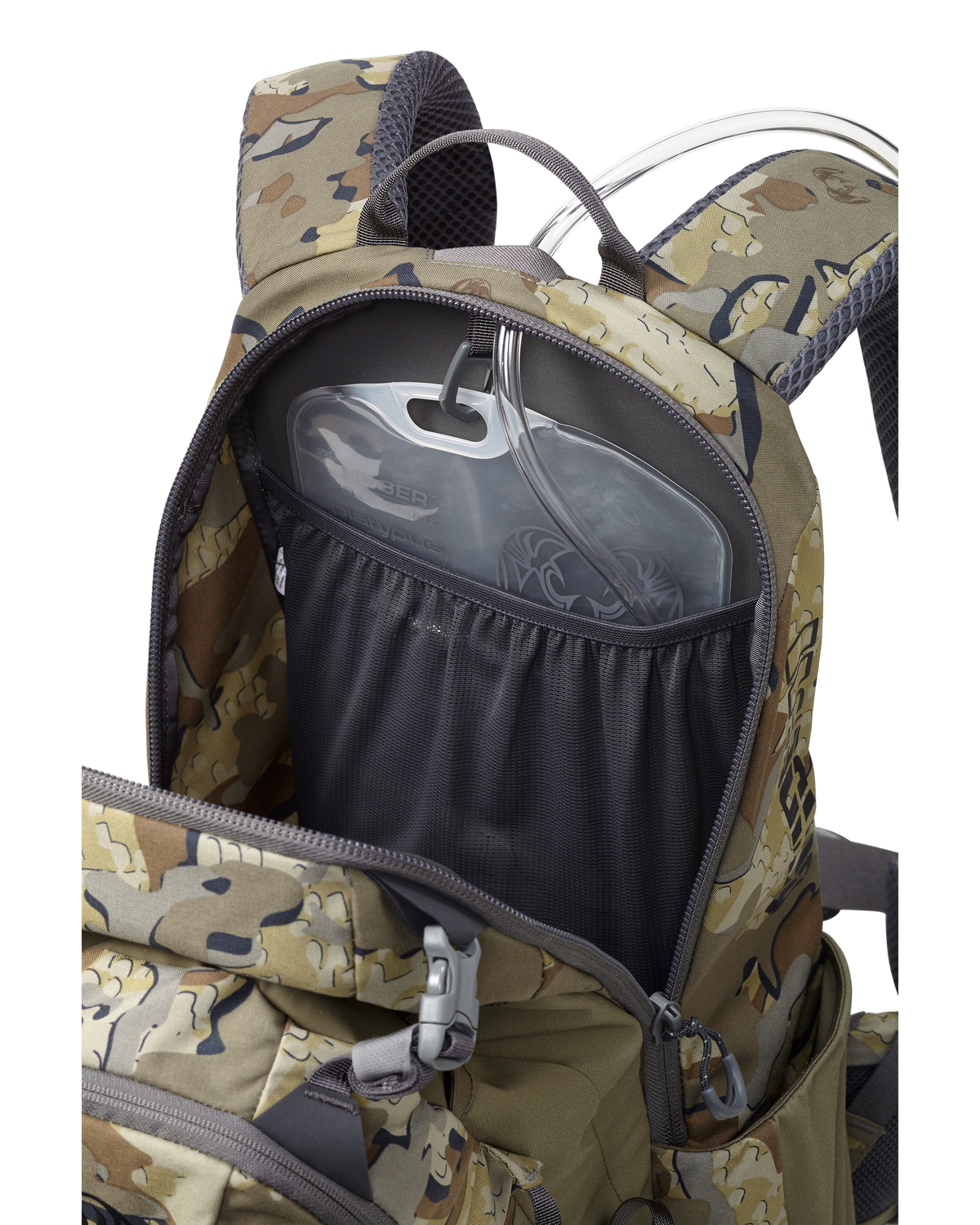 Divide 1500 in Valo Camouflage with main compartment open zoomed in to show storage and water bladder pocket