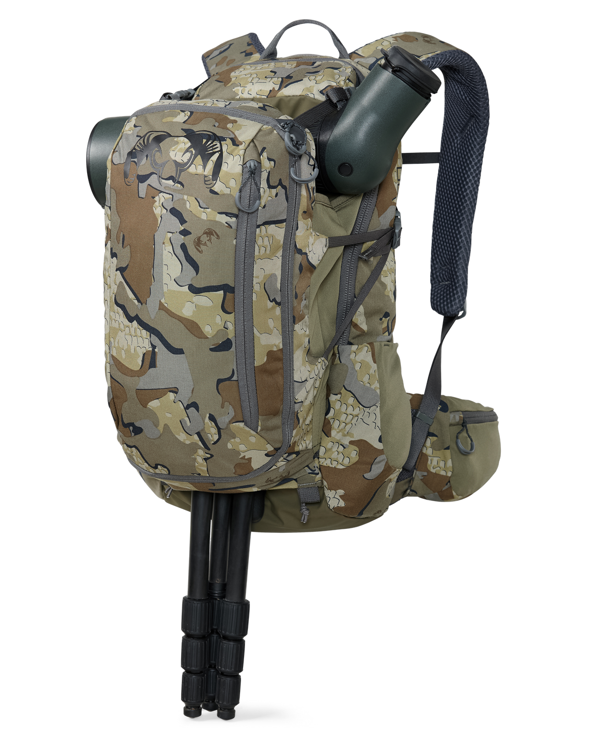 Front of Divide 1500 in Valo Camouflage Highlighting Tripod and Spotting Scope Stored in Divide Pass Through Pocket