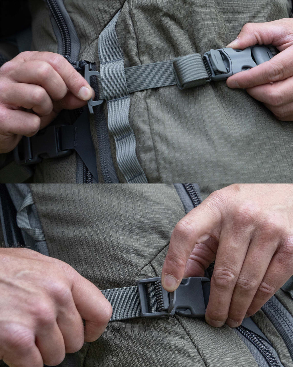 Split image of a person displaying compression strap through the side webbing of the ICON 6 3500 in Ash Brown.