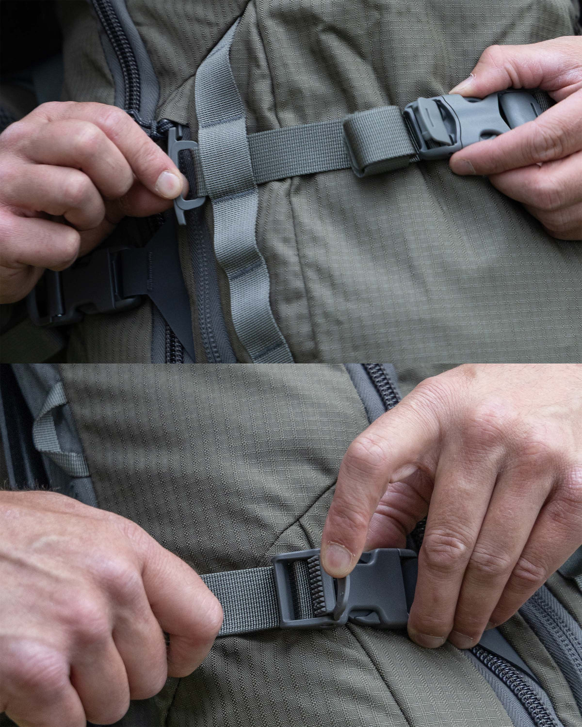 Split image of a person displaying compression strap through the side webbing of the ICON 6 3500 in Ash Brown.